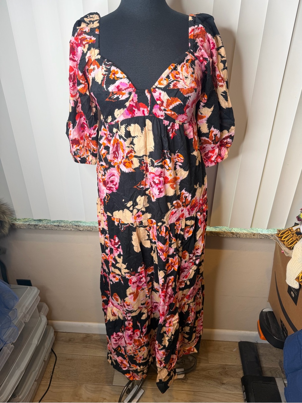 Anthropologie Floral Tiered Blossom Balloon Sleeve Maxi Dress Size Small